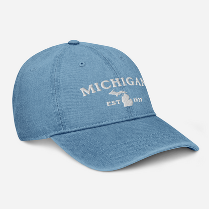 'Michigan EST 1837' Denim Baseball Cap (Woodcut Font) | White/Navy Embroidery