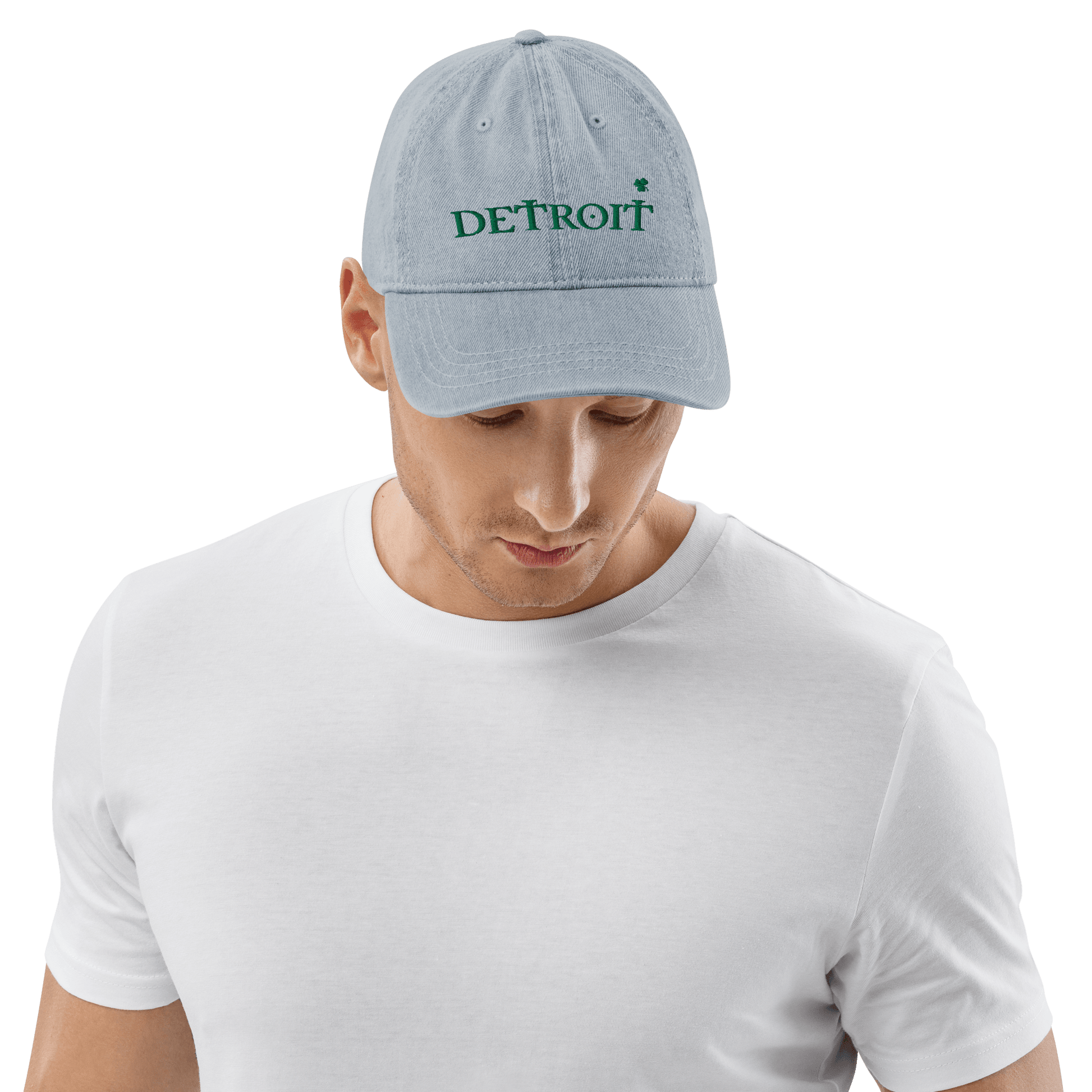 'Detroit' Denim Baseball Cap (Irish Font w/Shamrock) - Circumspice Michigan