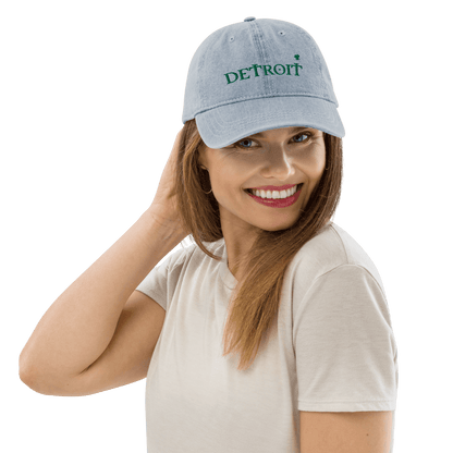 'Detroit' Denim Baseball Cap (Irish Font w/Shamrock) - Circumspice Michigan