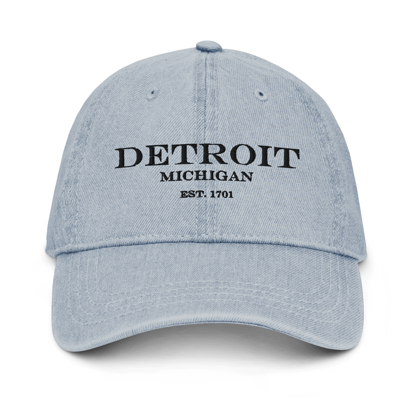 'Detroit Michigan Est. 1701' Luxury Goods Parody Denim Baseball Cap | White/Black Embroidery - Circumspice Michigan