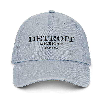 'Detroit Michigan Est. 1701' Luxury Goods Parody Denim Baseball Cap | White/Black Embroidery - Circumspice Michigan