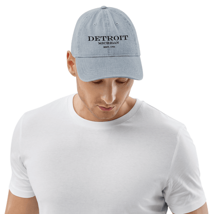 'Detroit Michigan Est. 1701' Luxury Goods Parody Denim Baseball Cap | White/Black Embroidery - Circumspice Michigan