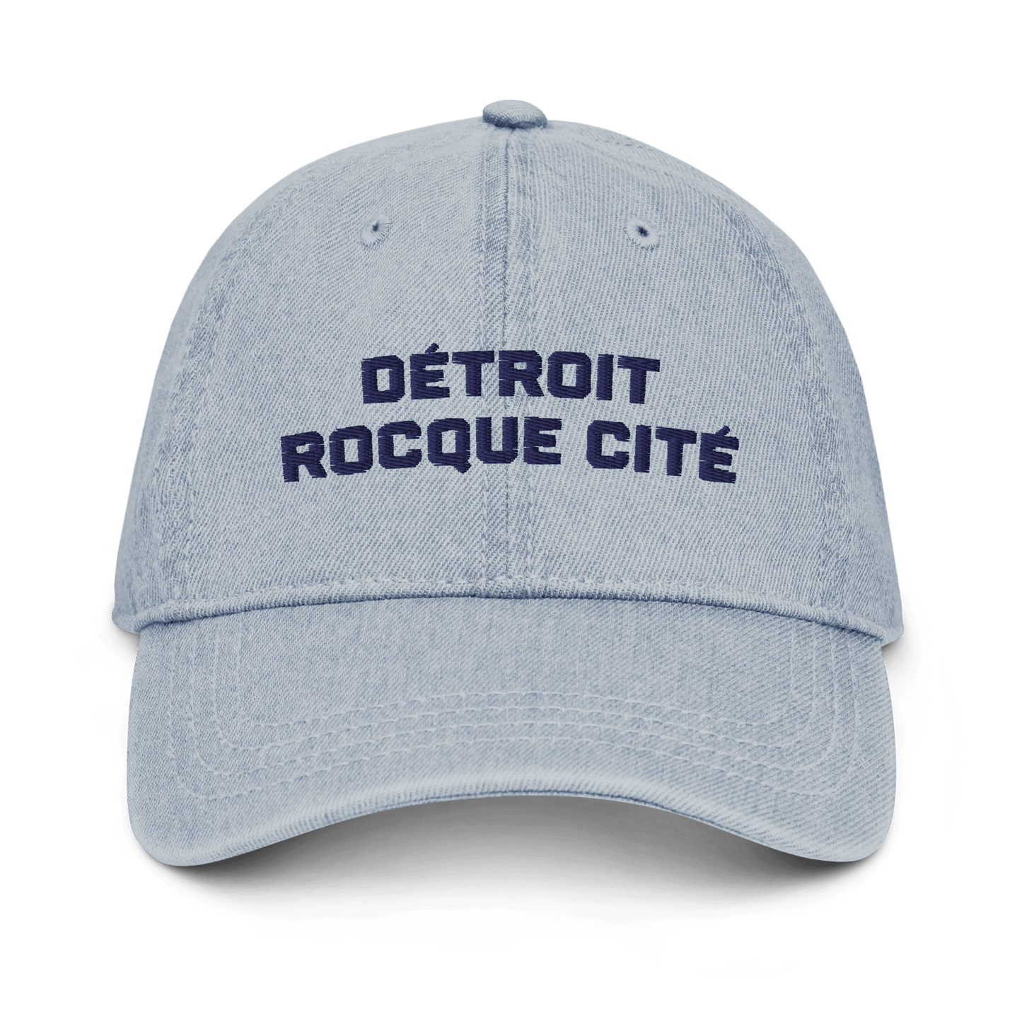 'Détroit Rocque Cité' Denim Baseball Cap | White/Navy Embroidery - Circumspice Michigan