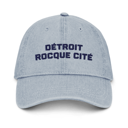 'Détroit Rocque Cité' Denim Baseball Cap | White/Navy Embroidery - Circumspice Michigan