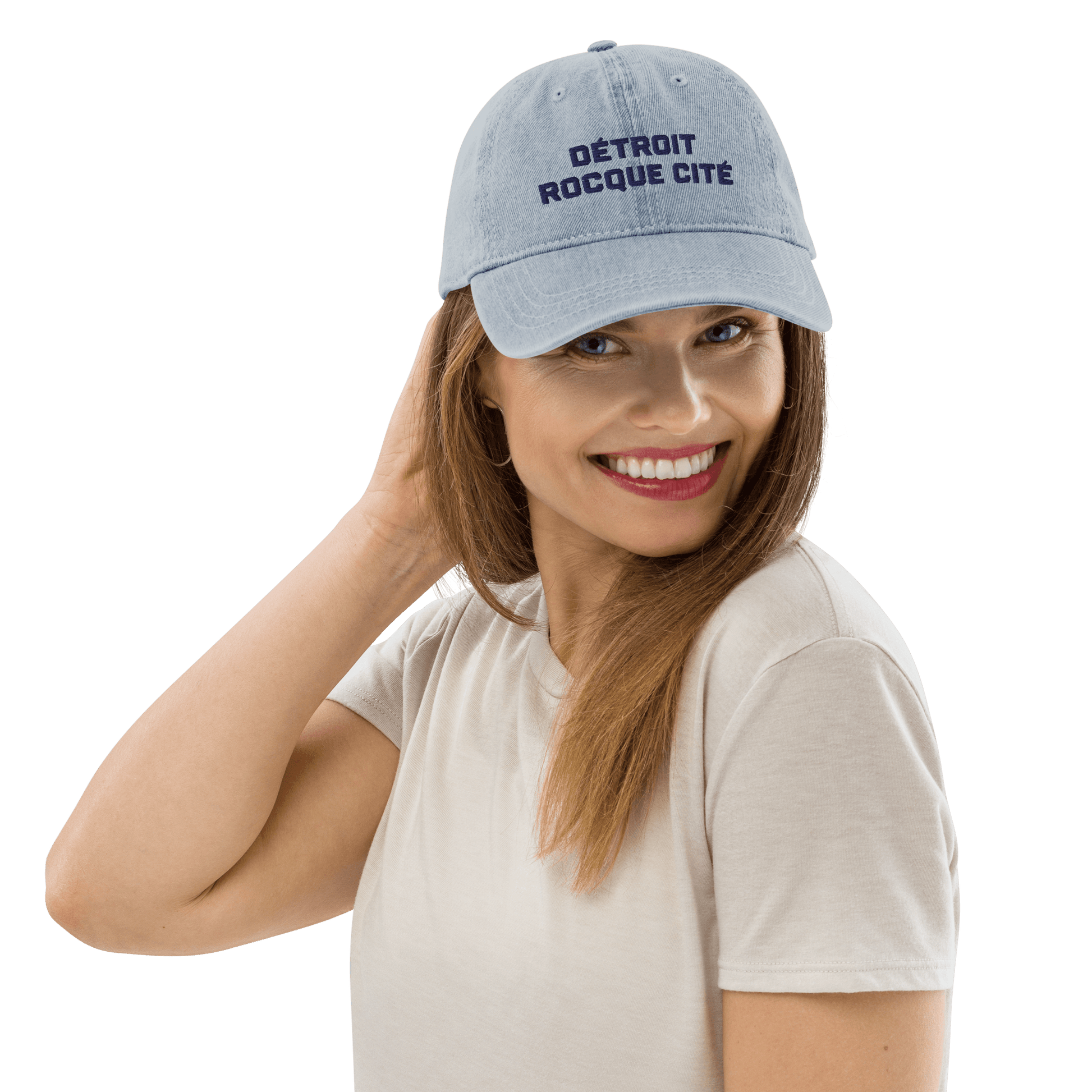 'Détroit Rocque Cité' Denim Baseball Cap | White/Navy Embroidery - Circumspice Michigan