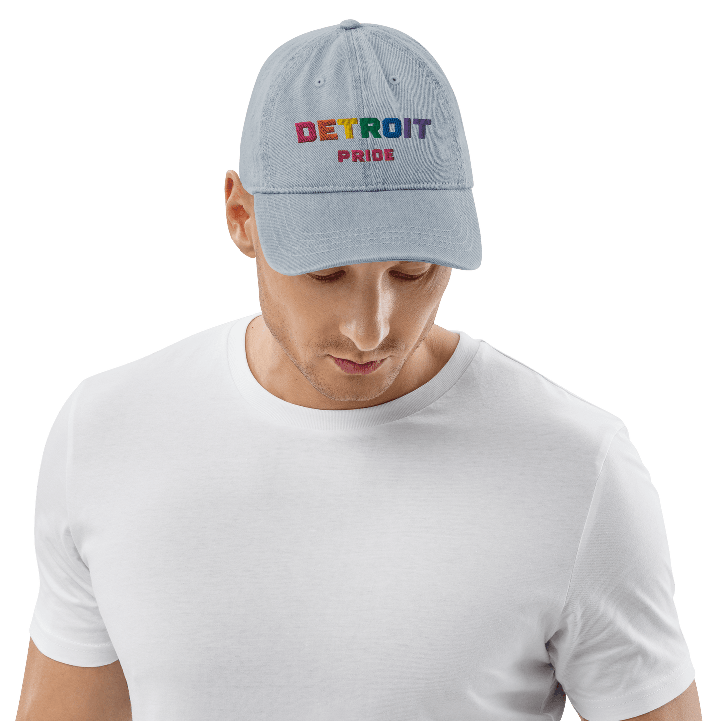 'Detroit Pride' LGBTQ Denim Baseball Cap (w/Rainbow Colors) - Circumspice Michigan