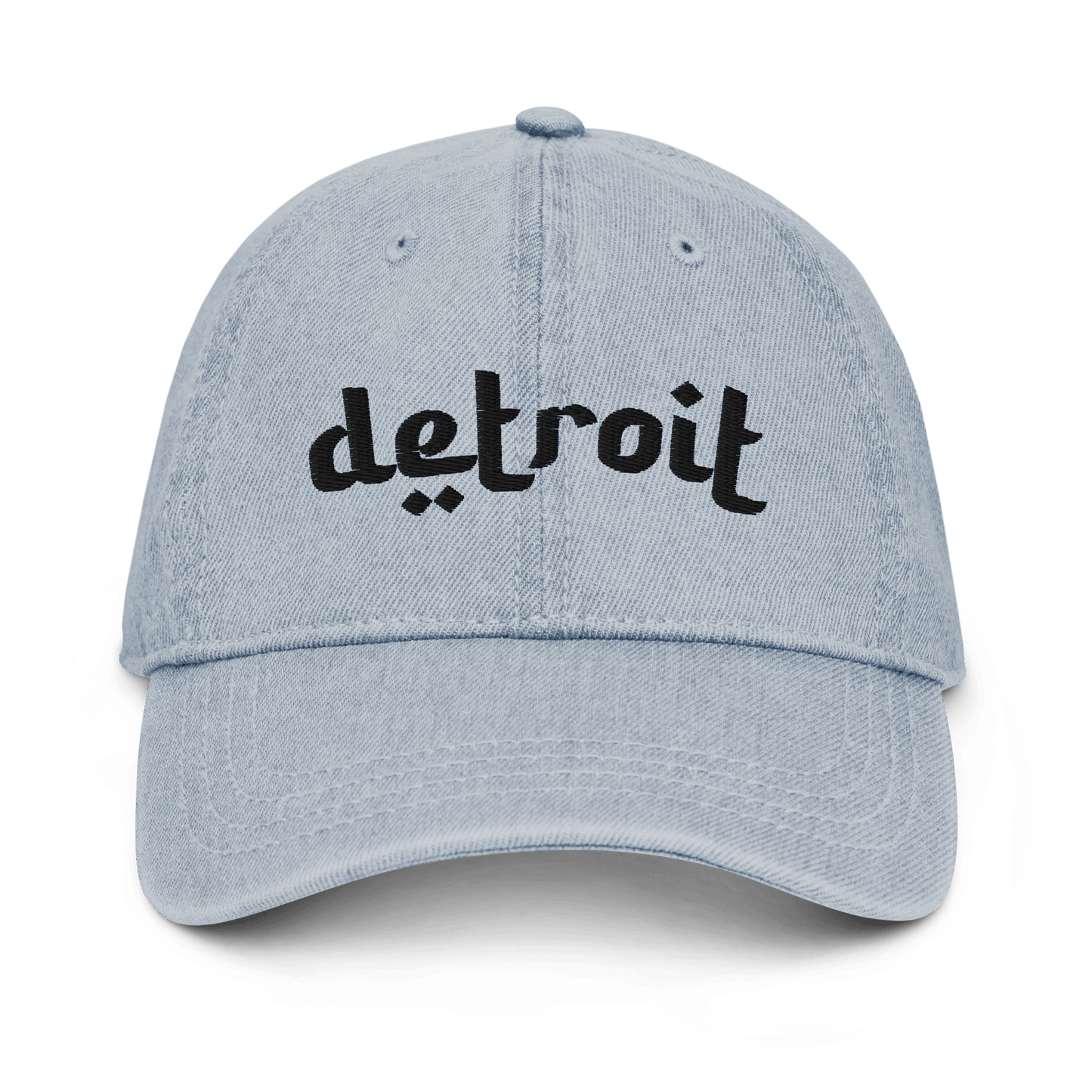 'Detroit' Denim Baseball Cap (Arabic-Style Font) | While/Black Embroidery - Circumspice Michigan