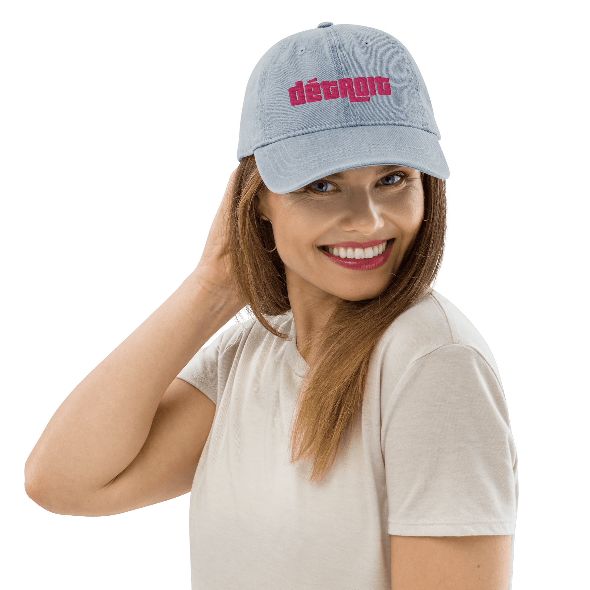 'Détroit' Denim Baseball Cap (1970s Font) | Pink Embroidery - Circumspice Michigan