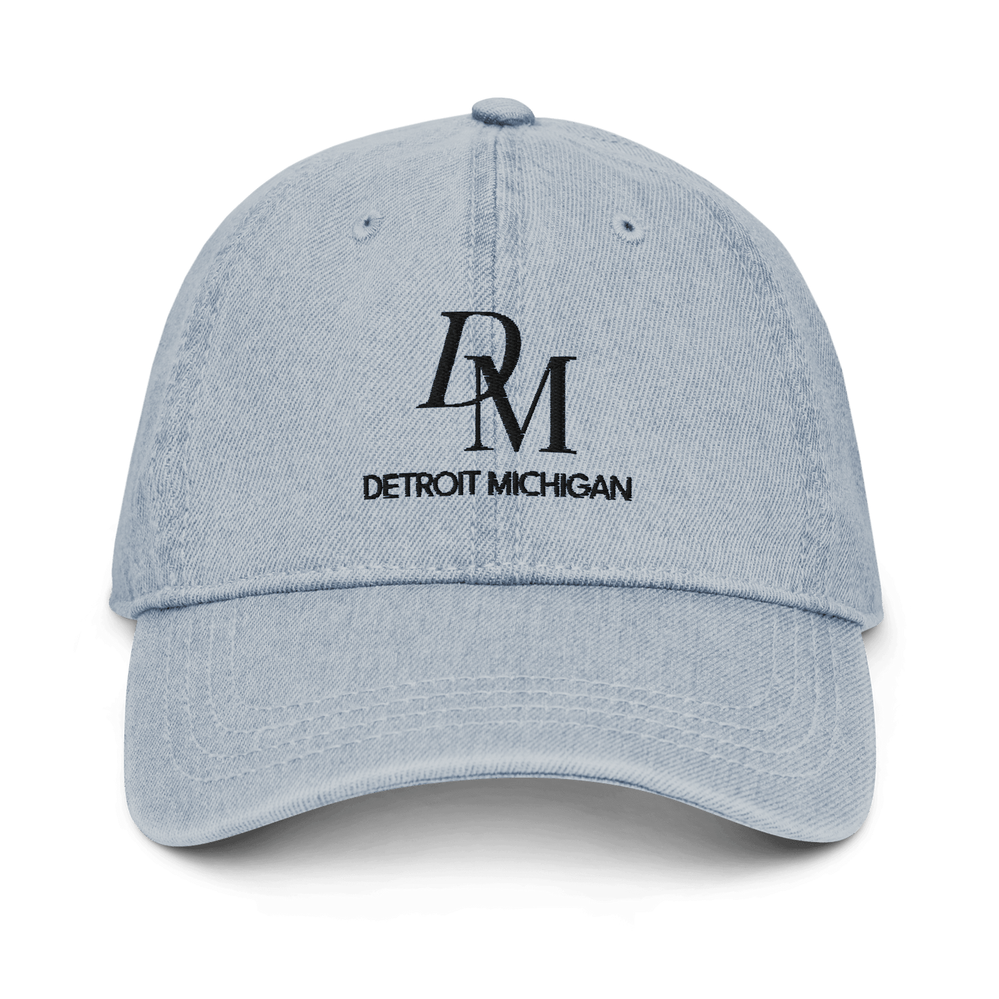 'DM Detroit Michigan' Denim Baseball Cap (Luxury Goods Parody) | White/Black Embroidery - Circumspice Michigan