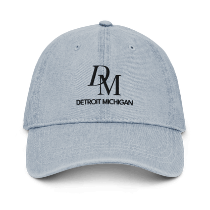 'DM Detroit Michigan' Denim Baseball Cap (Luxury Goods Parody) | White/Black Embroidery - Circumspice Michigan