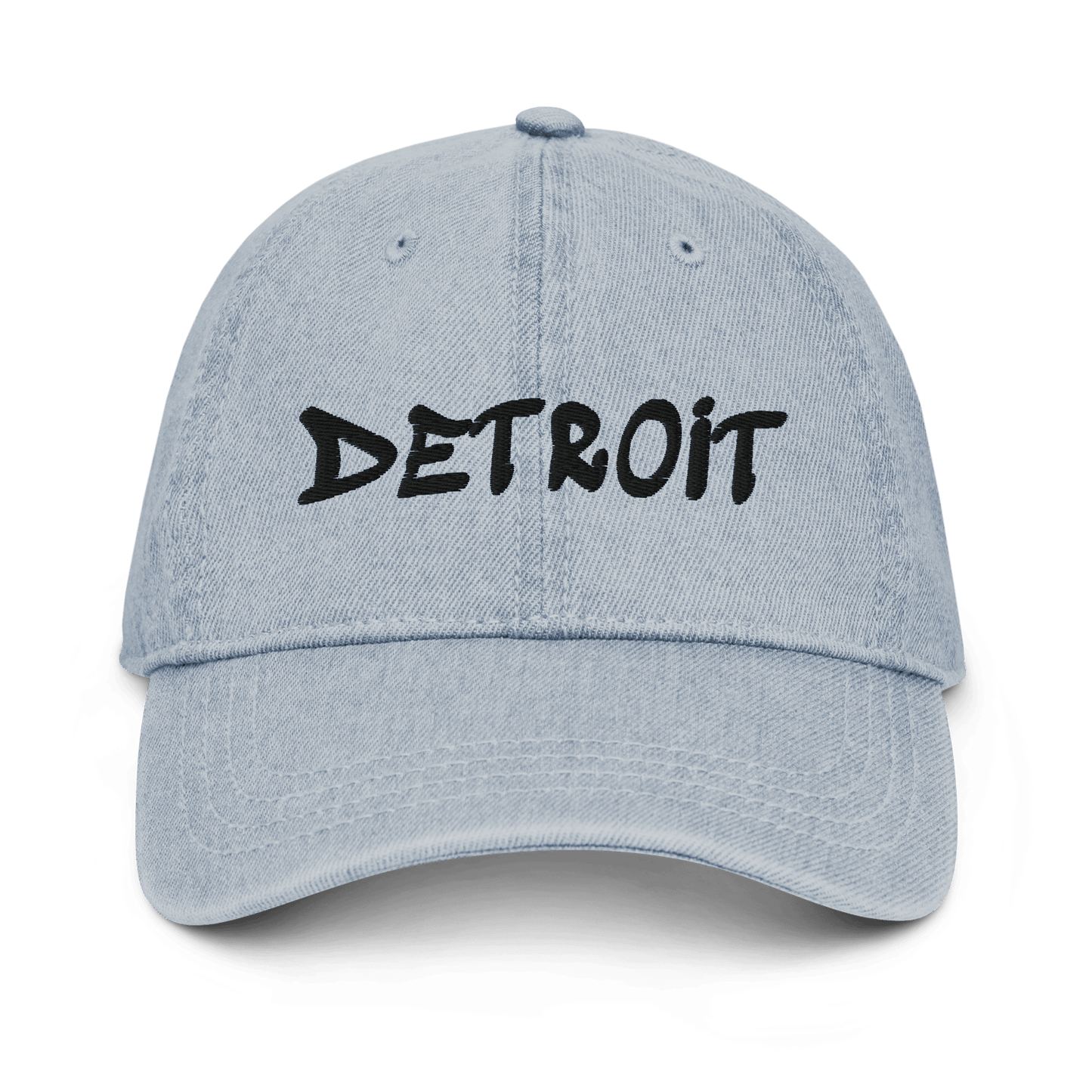 'Detroit' Denim Baseball Cap (Hip-Hop Font) | White/Black Embroidery - Circumspice Michigan