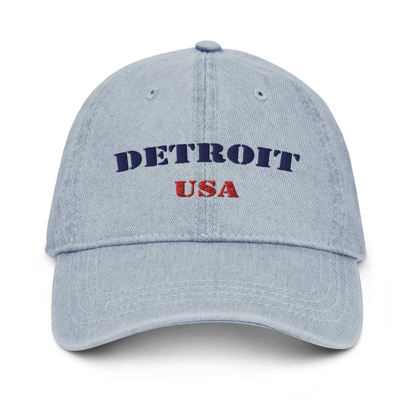 'Detroit USA' Denim Baseball Cap (Army Font) | White/Navy Embroidery - Circumspice Michigan