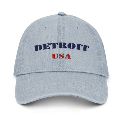 'Detroit USA' Denim Baseball Cap (Army Font) | White/Navy Embroidery - Circumspice Michigan