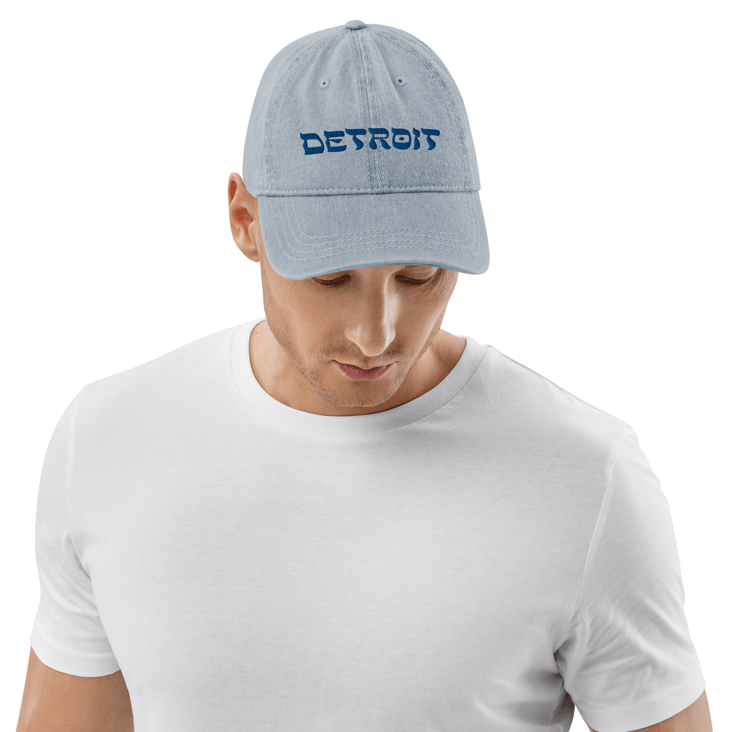 'Detroit' Denim Baseball Cap (Hebrew-Style Font) - Circumspice Michigan