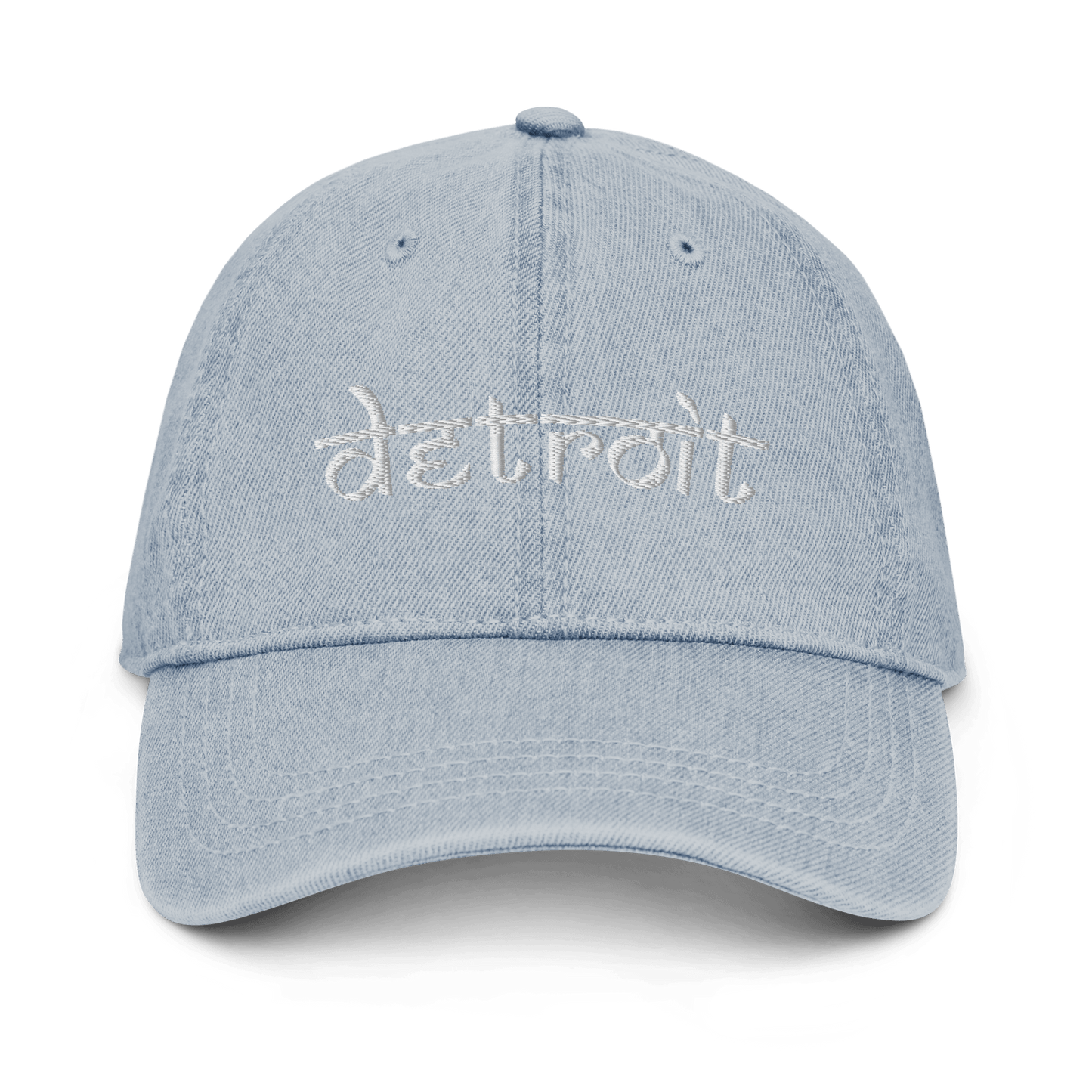 'Detroit' Denim Baseball Cap (South Asian-Style Font) | White Embroidery - Circumspice Michigan