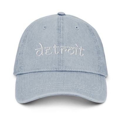 'Detroit' Denim Baseball Cap (South Asian-Style Font) | White Embroidery - Circumspice Michigan