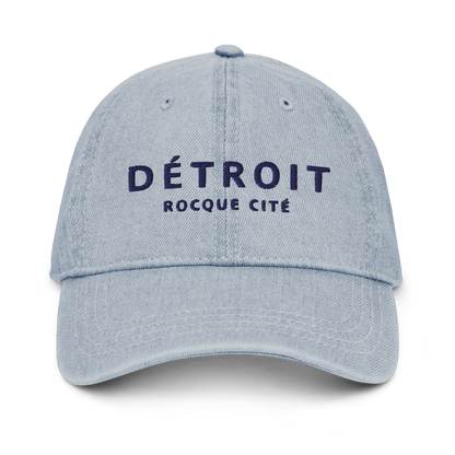 'Détroit Rocque Cité' Denim Baseball Cap | White/Navy Embroidery