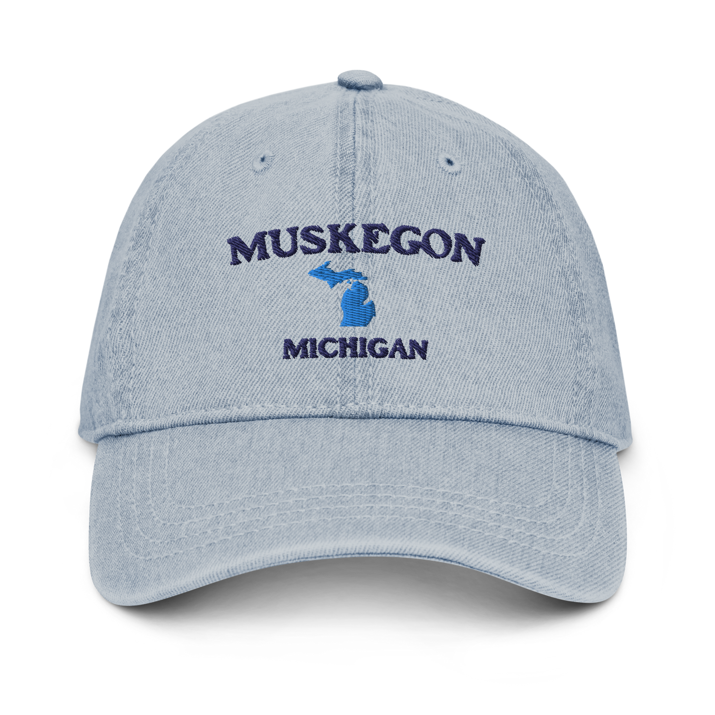 'Muskegon Michigan' Denim Baseball Cap (w/ Michigan Outline)