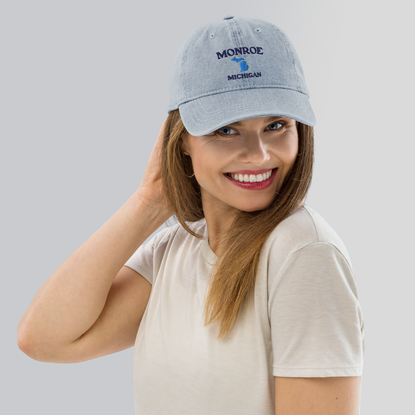 'Monroe Michigan' Denim Baseball Cap (w/ Michigan Outline)