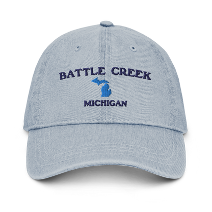 'Battle Creek Michigan' Denim Baseball Cap (w/ Michigan Outline)