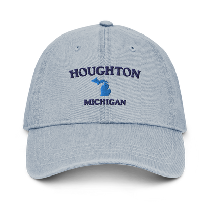 'Houghton Michigan' Denim Baseball Cap (w/ Michigan Outline)