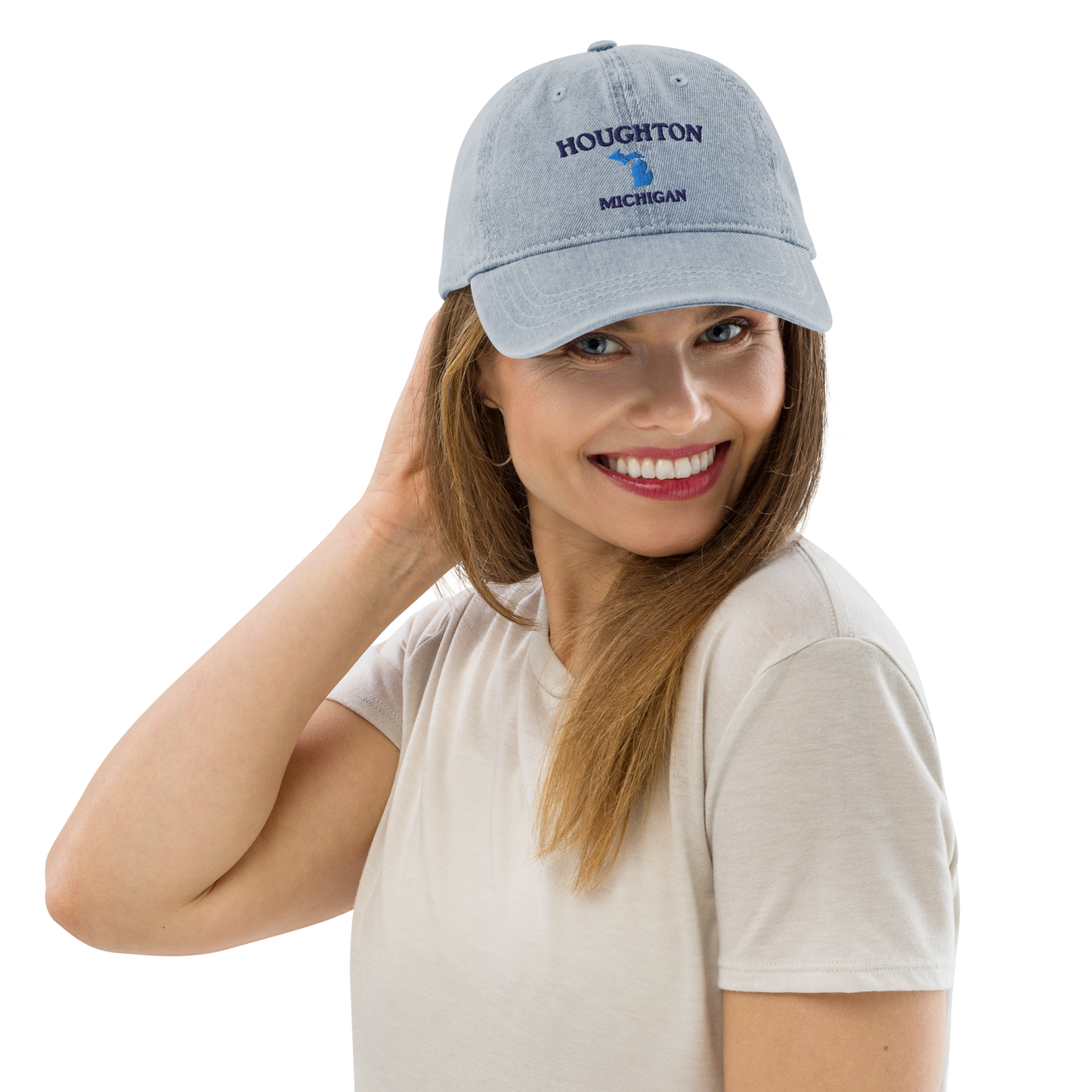 'Houghton Michigan' Denim Baseball Cap (w/ Michigan Outline)