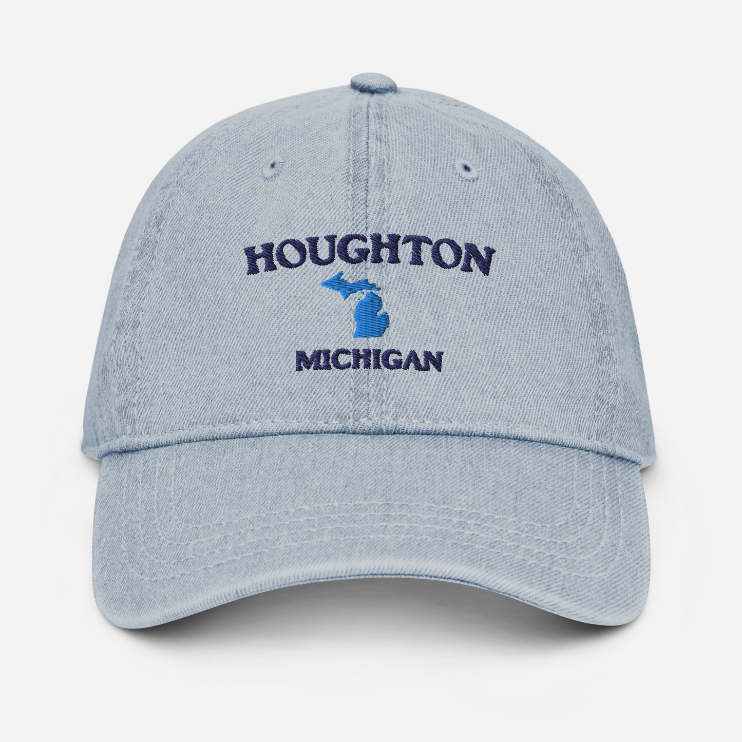 'Houghton Michigan' Denim Baseball Cap (w/ Michigan Outline)