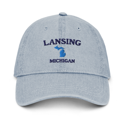 'Lansing Michigan' Denim Baseball Cap (w/ Michigan Outline)