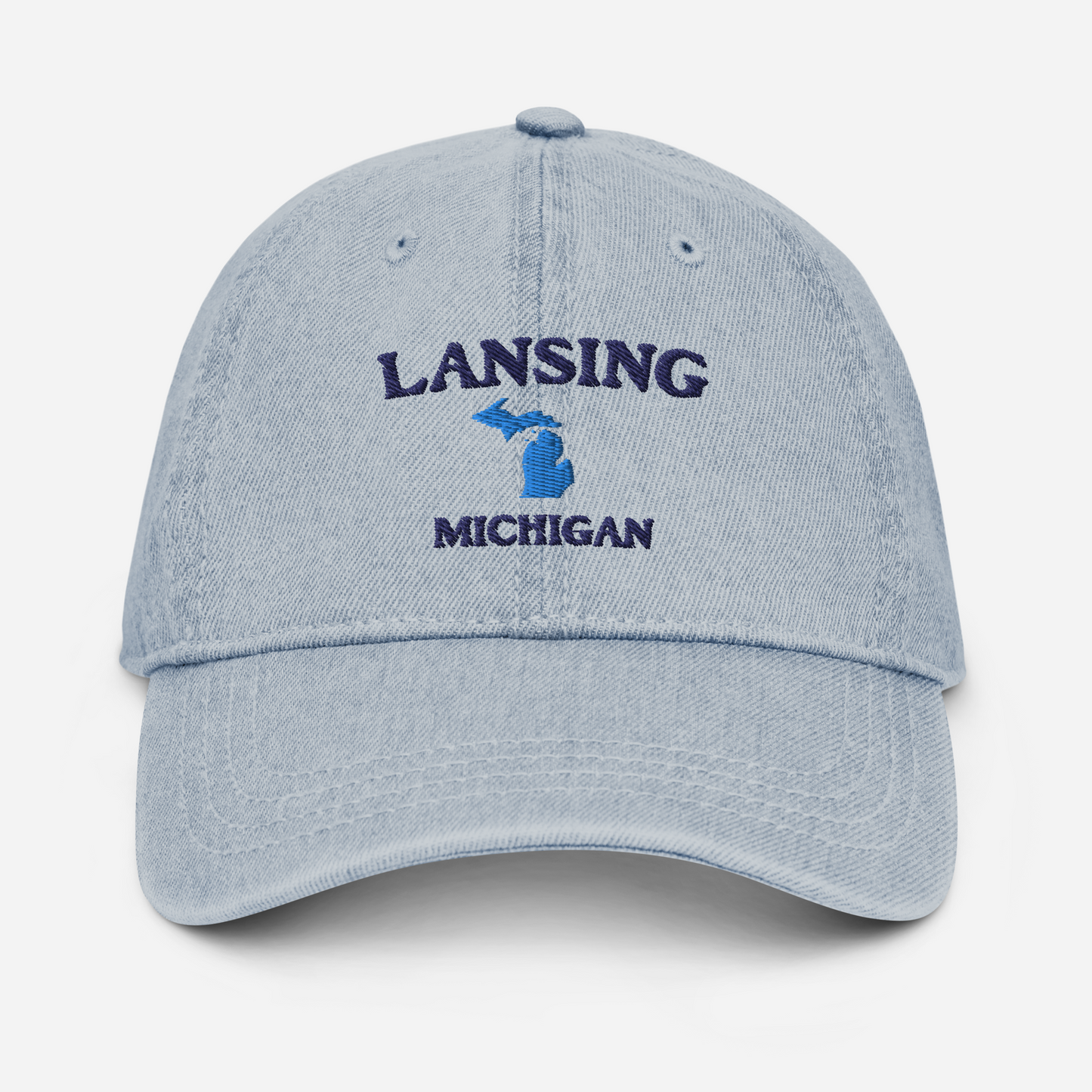 'Lansing Michigan' Denim Baseball Cap (w/ Michigan Outline)