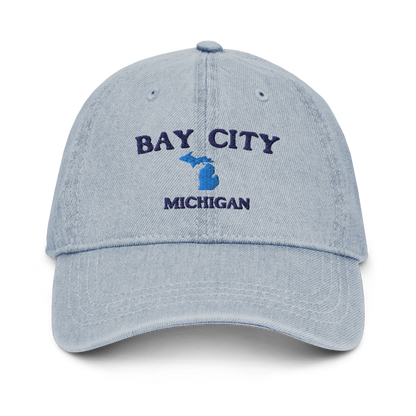 'Bay City Michigan' Denim Baseball Cap (w/ Michigan Outline)