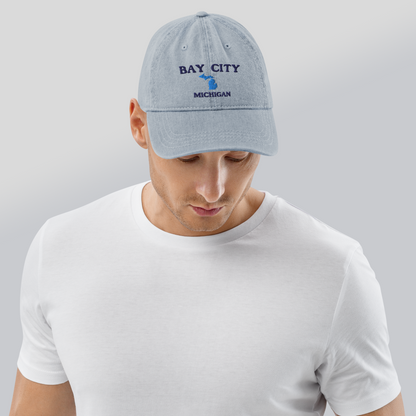 'Bay City Michigan' Denim Baseball Cap (w/ Michigan Outline)