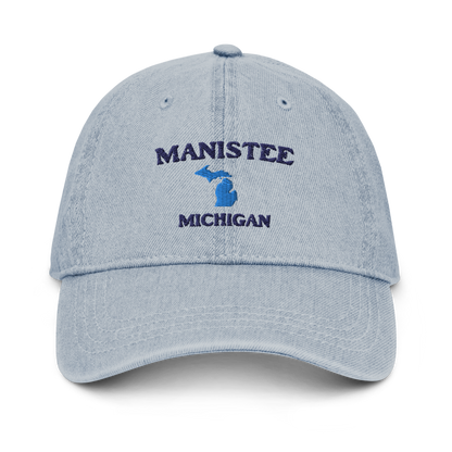 'Manistee Michigan' Denim Baseball Cap (w/ Michigan Outline)