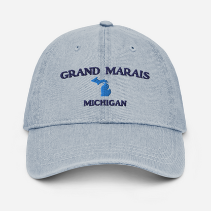 'Grand Marais Michigan' Denim Baseball Cap (w/ Michigan Outline)