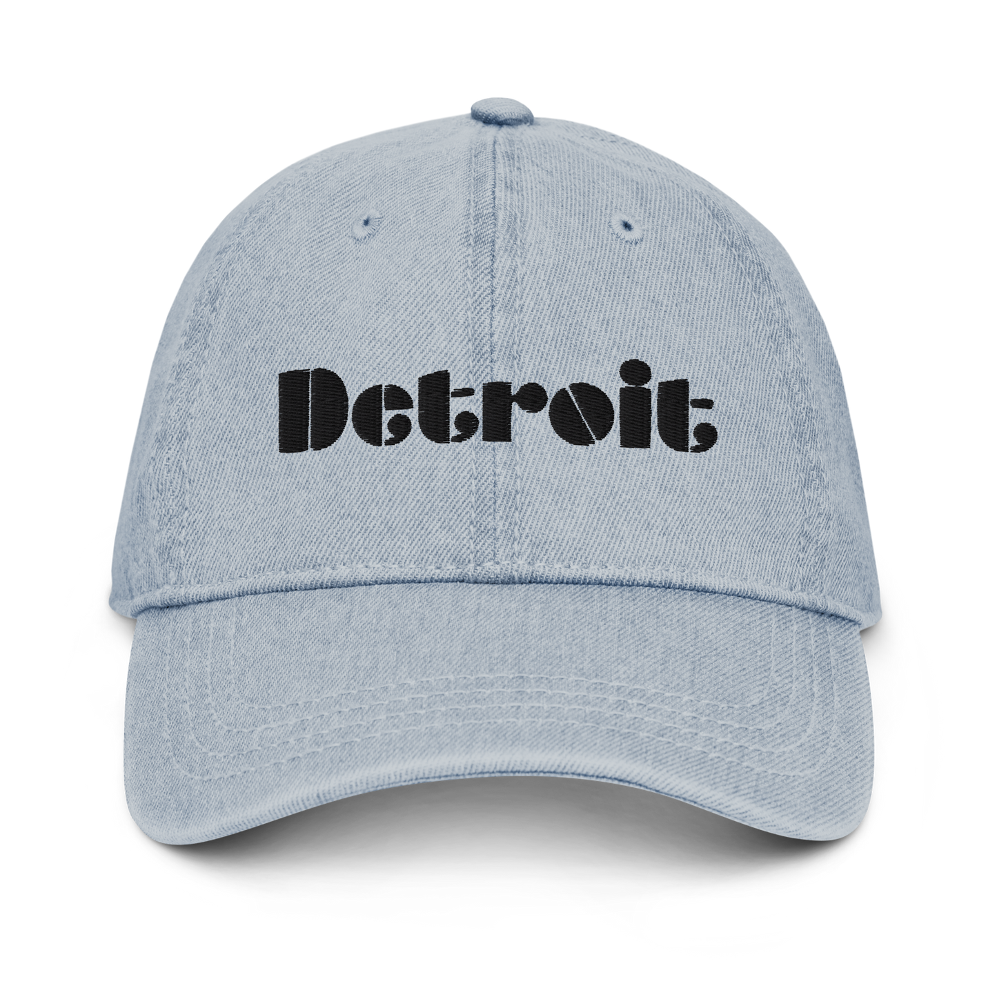 'Detroit' Denim Baseball Cap (Art Deco Font) | White/Black Embroidery