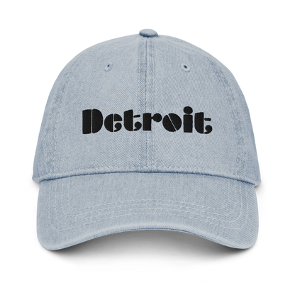 'Detroit' Denim Baseball Cap (Art Deco Font) | White/Black Embroidery