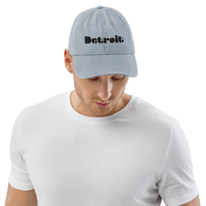 'Detroit' Denim Baseball Cap (Art Deco Font) | White/Black Embroidery