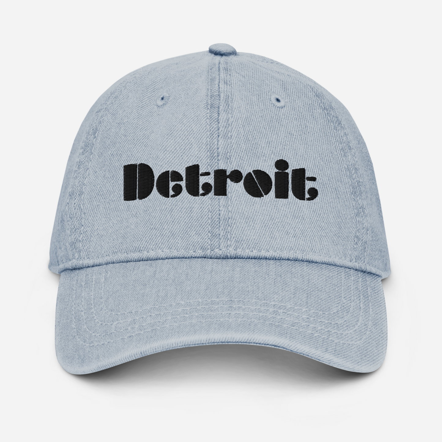 'Detroit' Denim Baseball Cap (Art Deco Font) | White/Black Embroidery