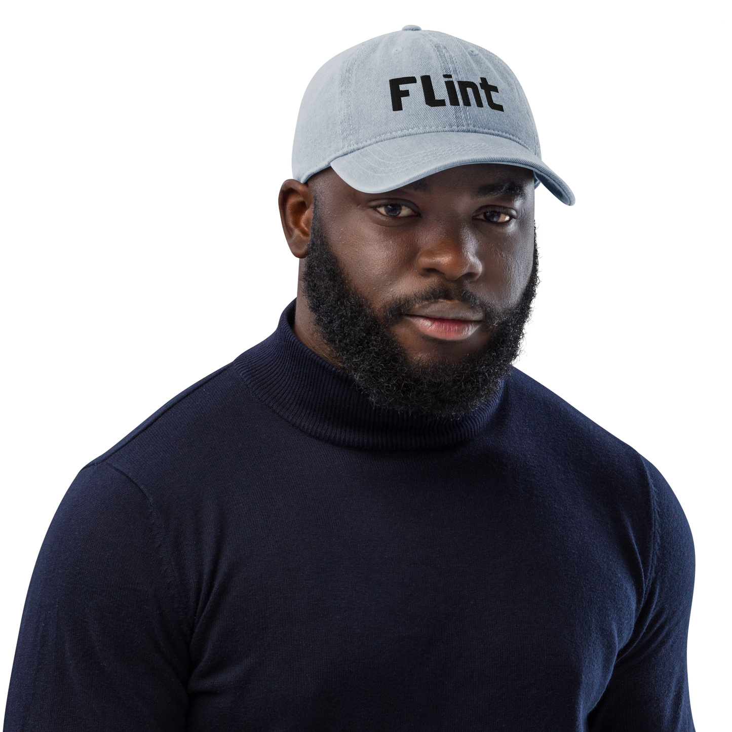 'Flint' Denim Baseball Cap | White/Black Embroidery