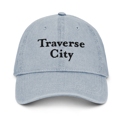 'Traverse City' Denim Baseball Cap | White/Black Embroidery