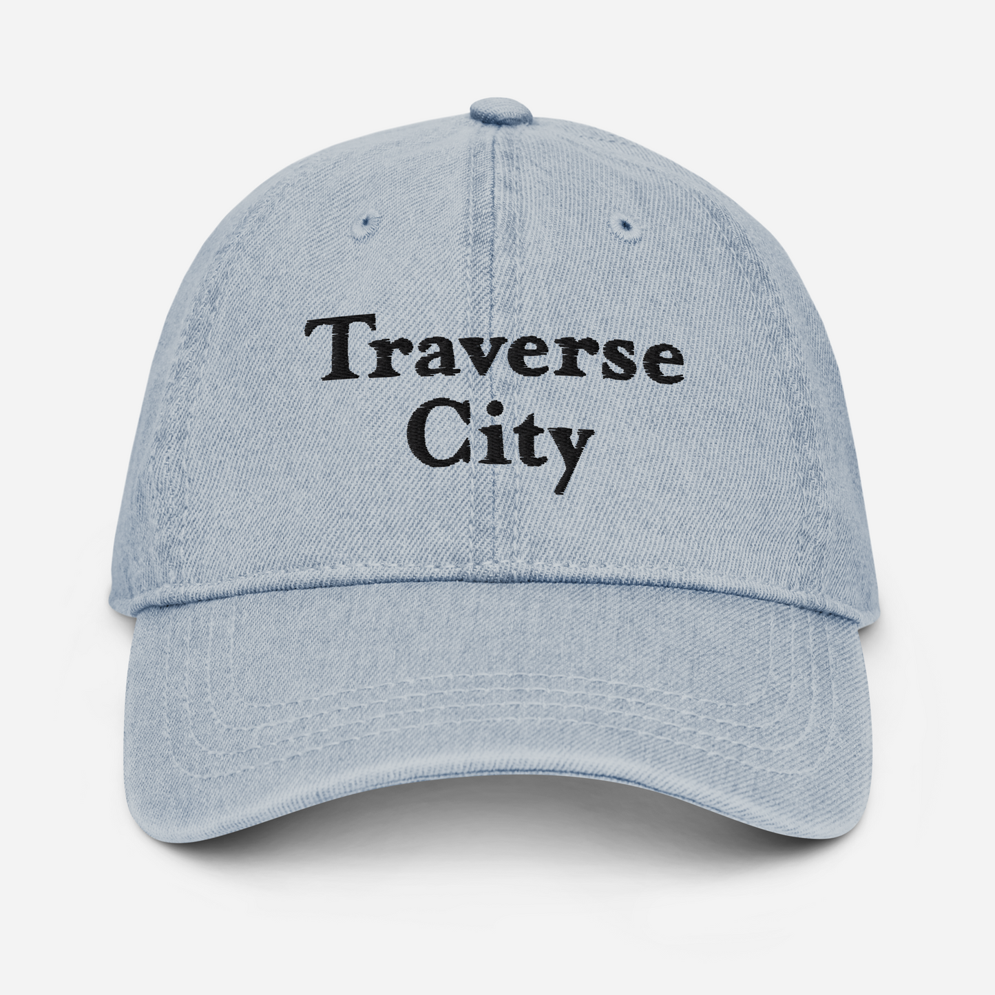 'Traverse City' Denim Baseball Cap | White/Black Embroidery