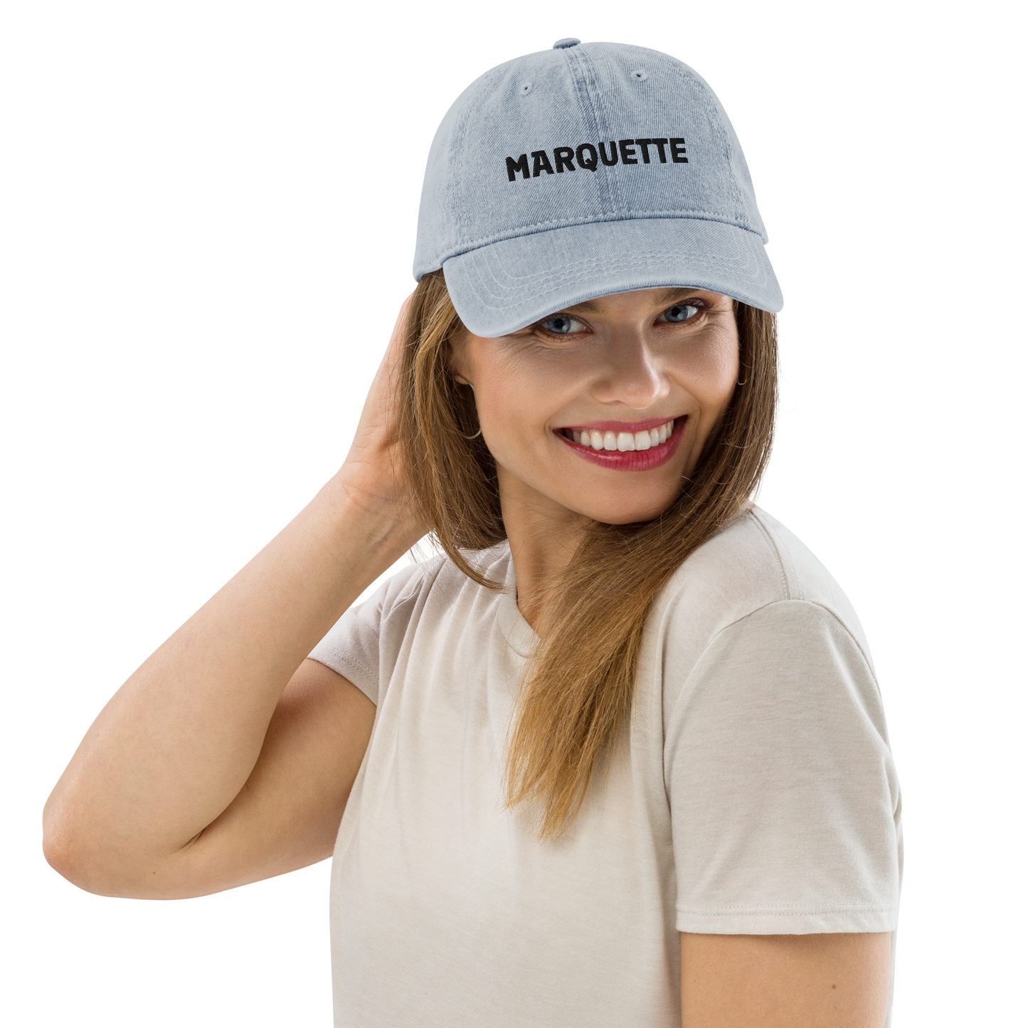 'Marquette' Denim Baseball Cap | White/Black Embroidery