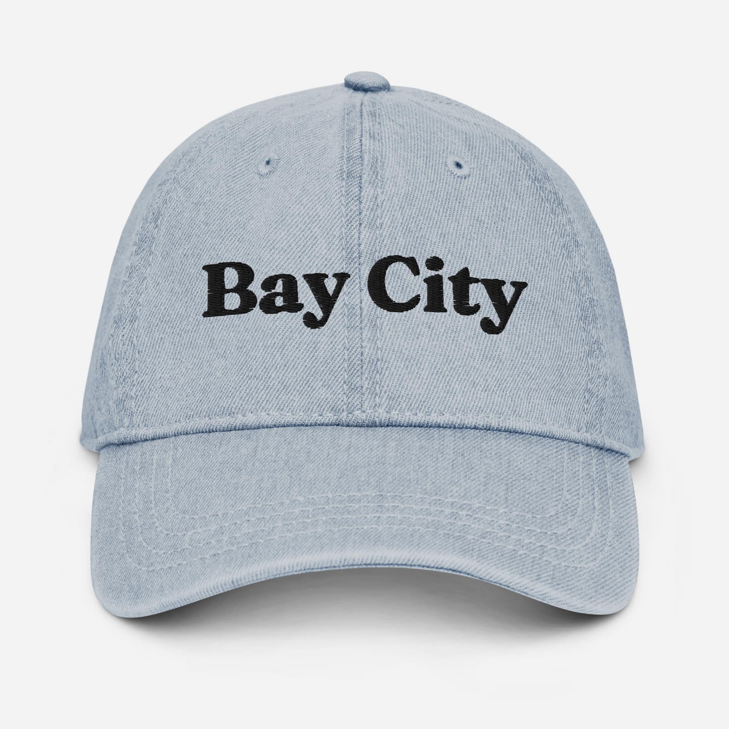 'Bay City' Denim Baseball Cap | White/Black Embroidery