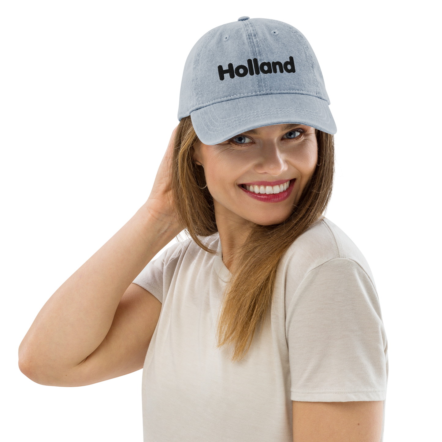 'Holland' Denim Baseball Cap | White/Black Embroidery