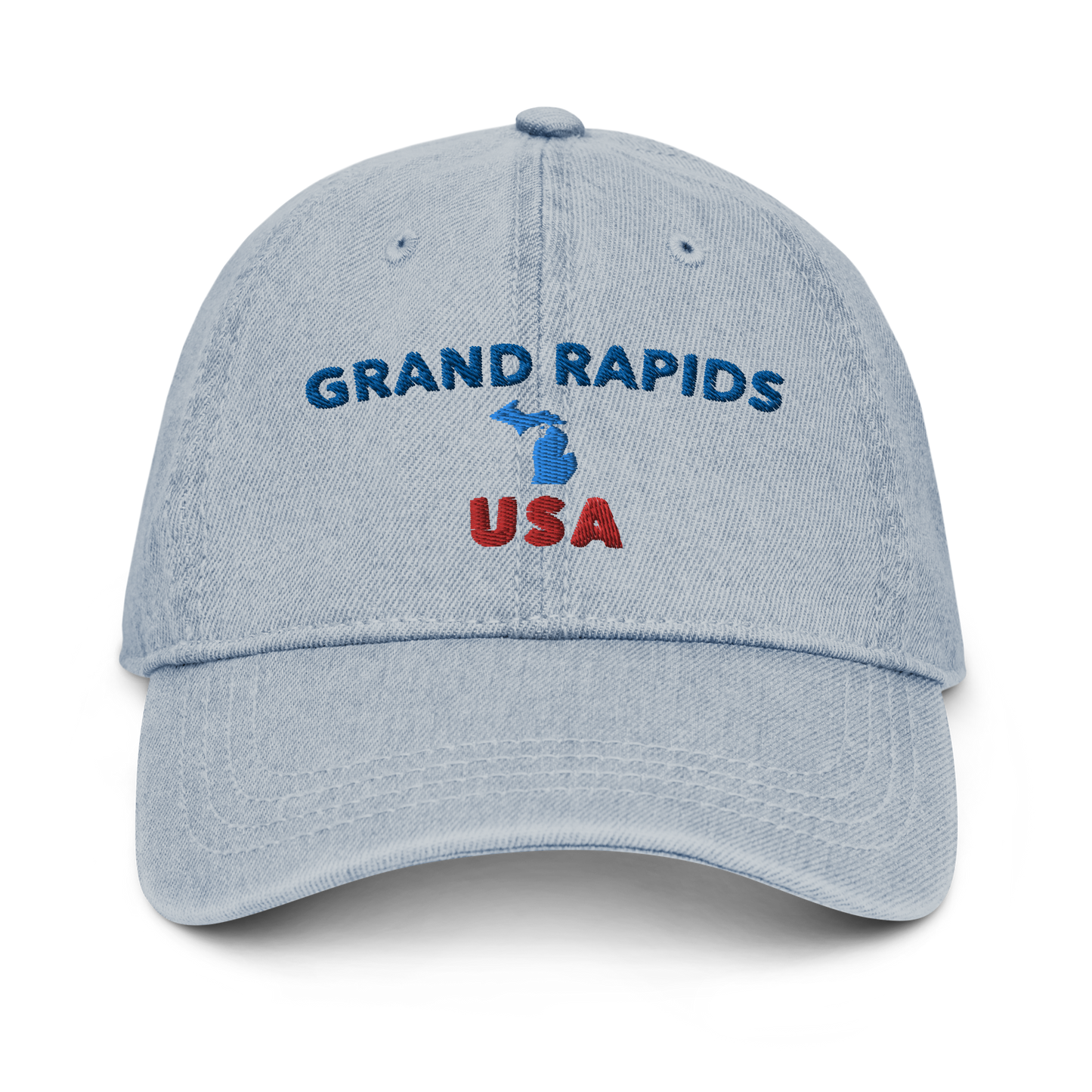 'Grand Rapids USA' Denim Baseball Caps (w/ Michigan Outline)