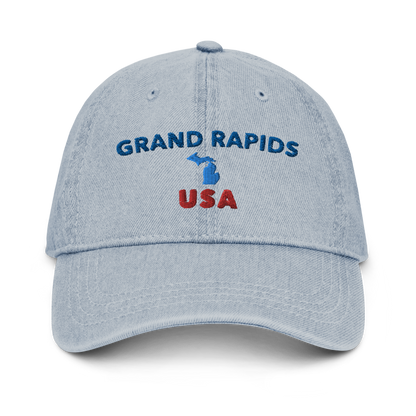 'Grand Rapids USA' Denim Baseball Caps (w/ Michigan Outline)