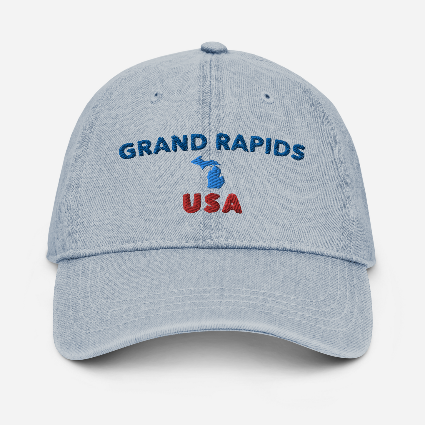 'Grand Rapids USA' Denim Baseball Caps (w/ Michigan Outline)