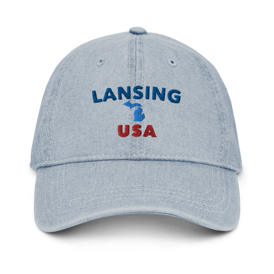 'Lansing USA' Denim Baseball Cap (w/ Michigan Outline)