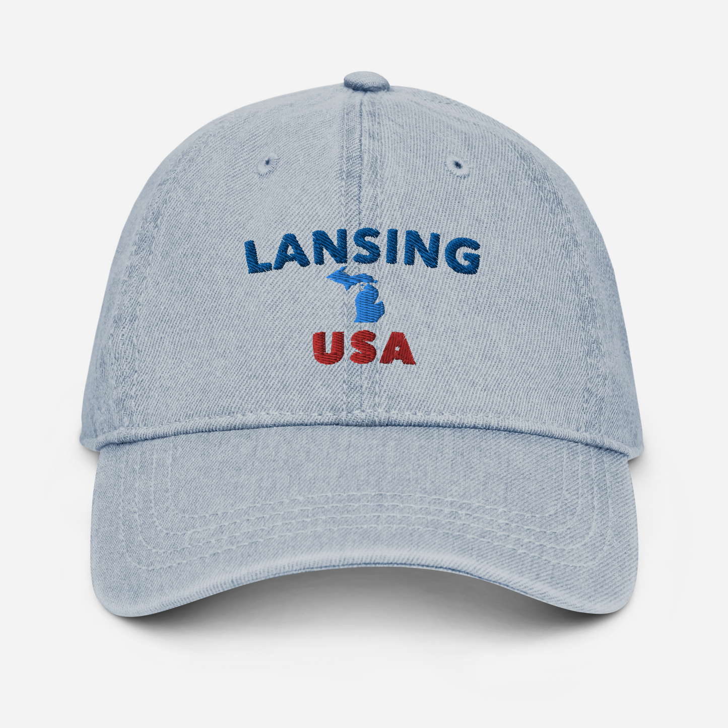 'Lansing USA' Denim Baseball Cap (w/ Michigan Outline)