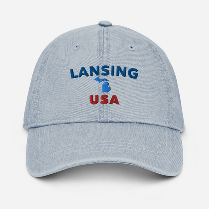 'Lansing USA' Denim Baseball Cap (w/ Michigan Outline)