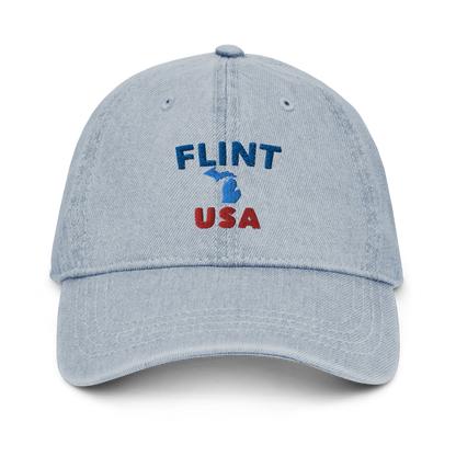 'Flint USA' Denim Baseball Cap (w/ Michigan Outline)